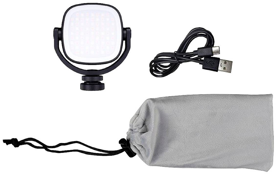 Luce LED con treppiede, cavo USB e sacchetto in tessuto grigio. Ideale per l'illuminazione di soggetti in fotografia o riprese video.
