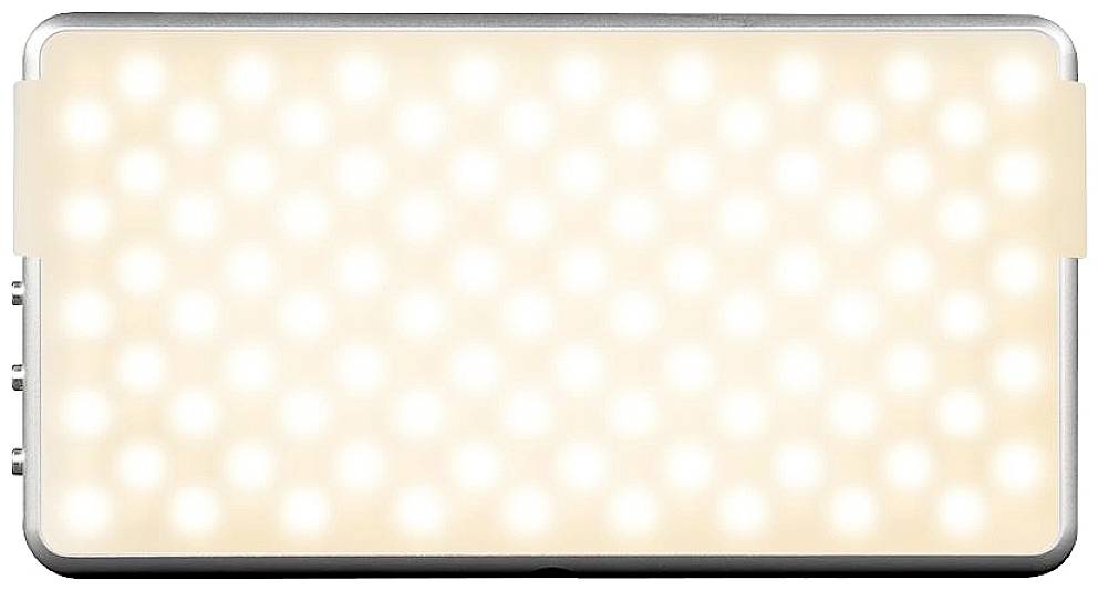 Pannello LED rettangolare con più punti luce gialli; forma compatta e portatile, ideale per riprese fotografiche o video.