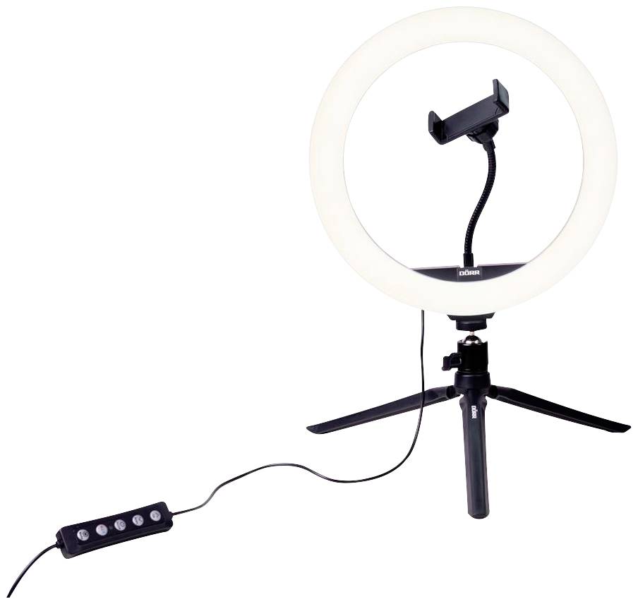 Luce ad anello su treppiede con supporto per smartphone e cavo di controllo, adatta per l'illuminazione durante videoconferenze o riprese fotografiche.