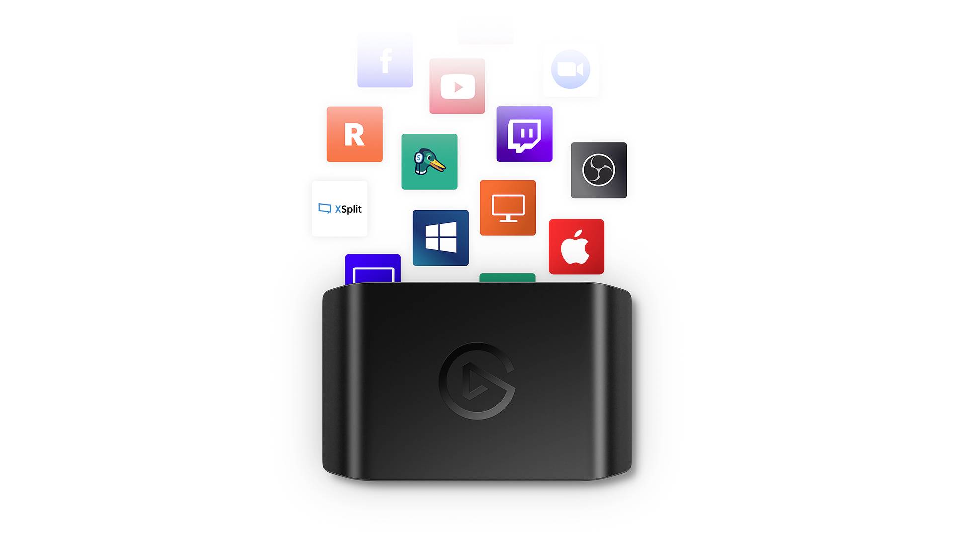 Dispositivo nero con la lettera 'G', da cui appaiono simboli colorati di app come YouTube, Twitch e Windows.