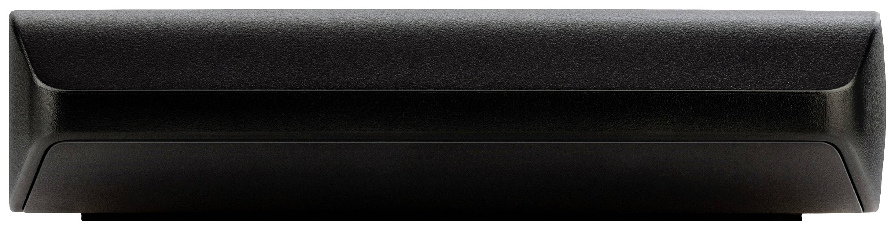 Una soundbar nera con un design semplice e moderno, posizionata orizzontalmente. Ha bordi arrotondati e una superficie liscia.