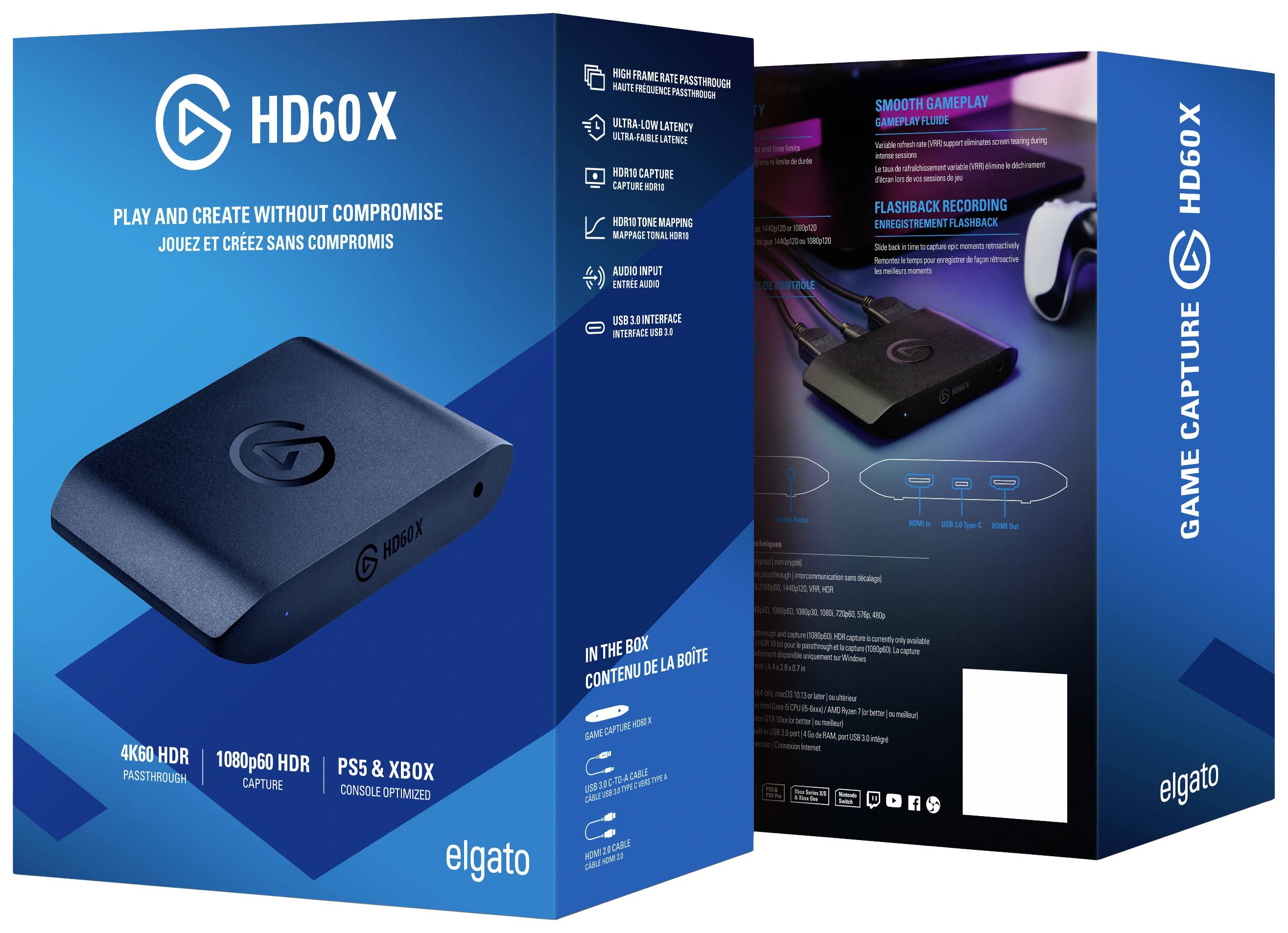 Confezione dell'Elgato HD60 X con immagine della scheda di acquisizione. Testi che enfatizzano le funzioni: 4K60 HDR, 1080p60 HDR, compatibile con PS5 e Xbox.