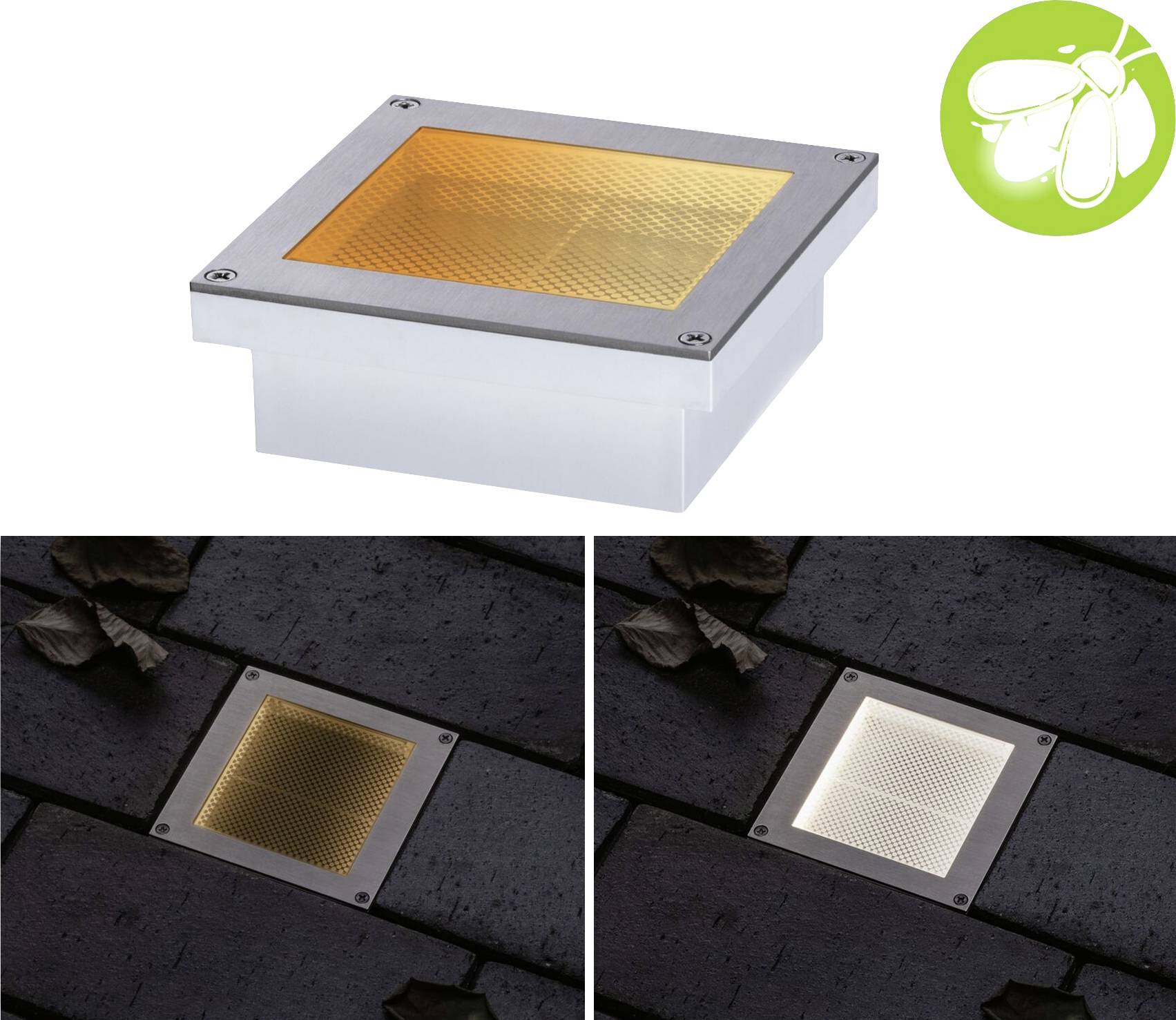 Un faretto da incasso a LED a forma quadrata, che emette luce gialla e luce bianca al buio. Simbolo ecologico in alto a destra.