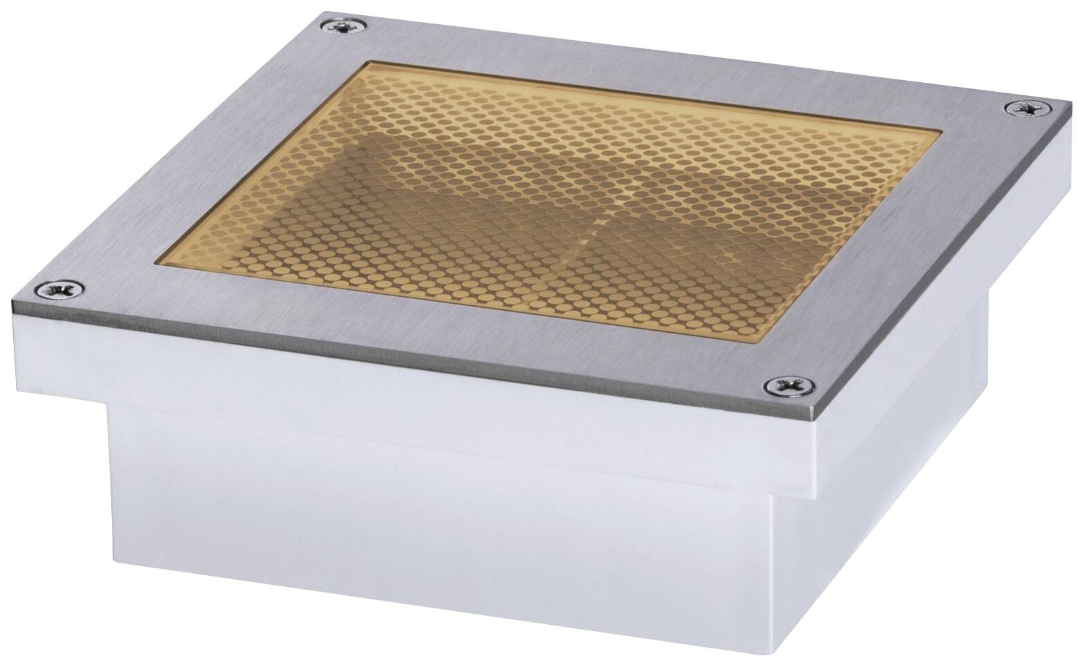 Lampada da terra a forma quadrata con cornice in metallo e motivo a griglia giallo nella copertura. Adatta per spazi esterni.