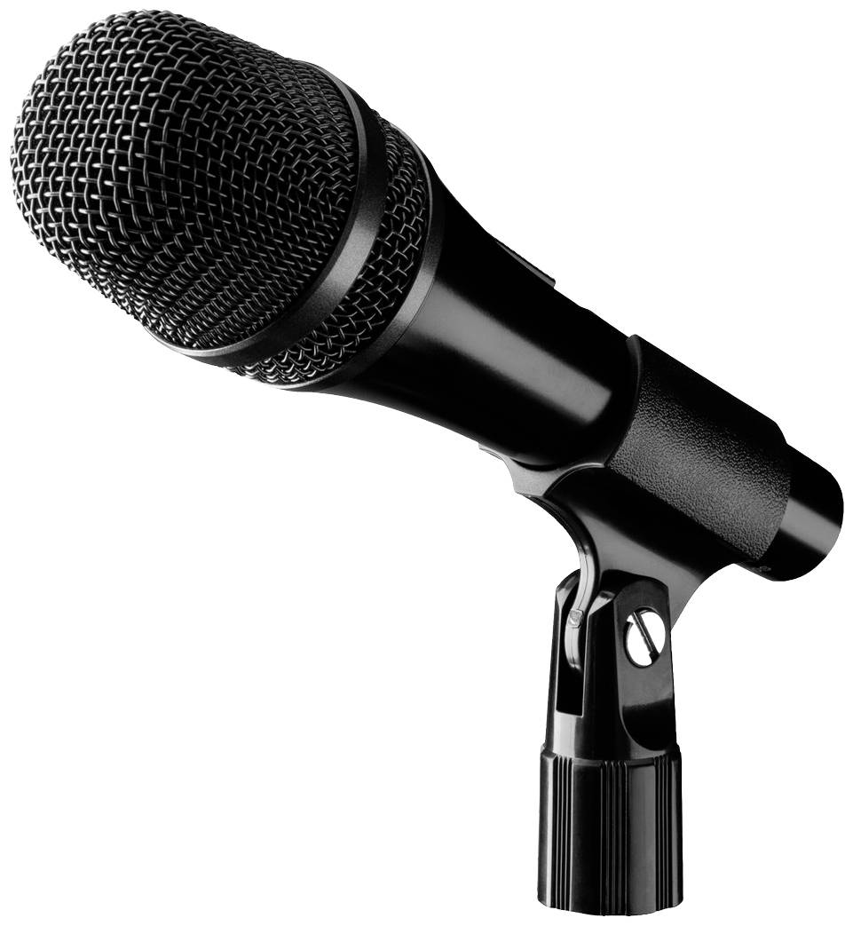 Un microfono nero su un supporto, leggermente inclinato verso sinistra. Ideale per canto o discorsi in un'esibizione sul palco.