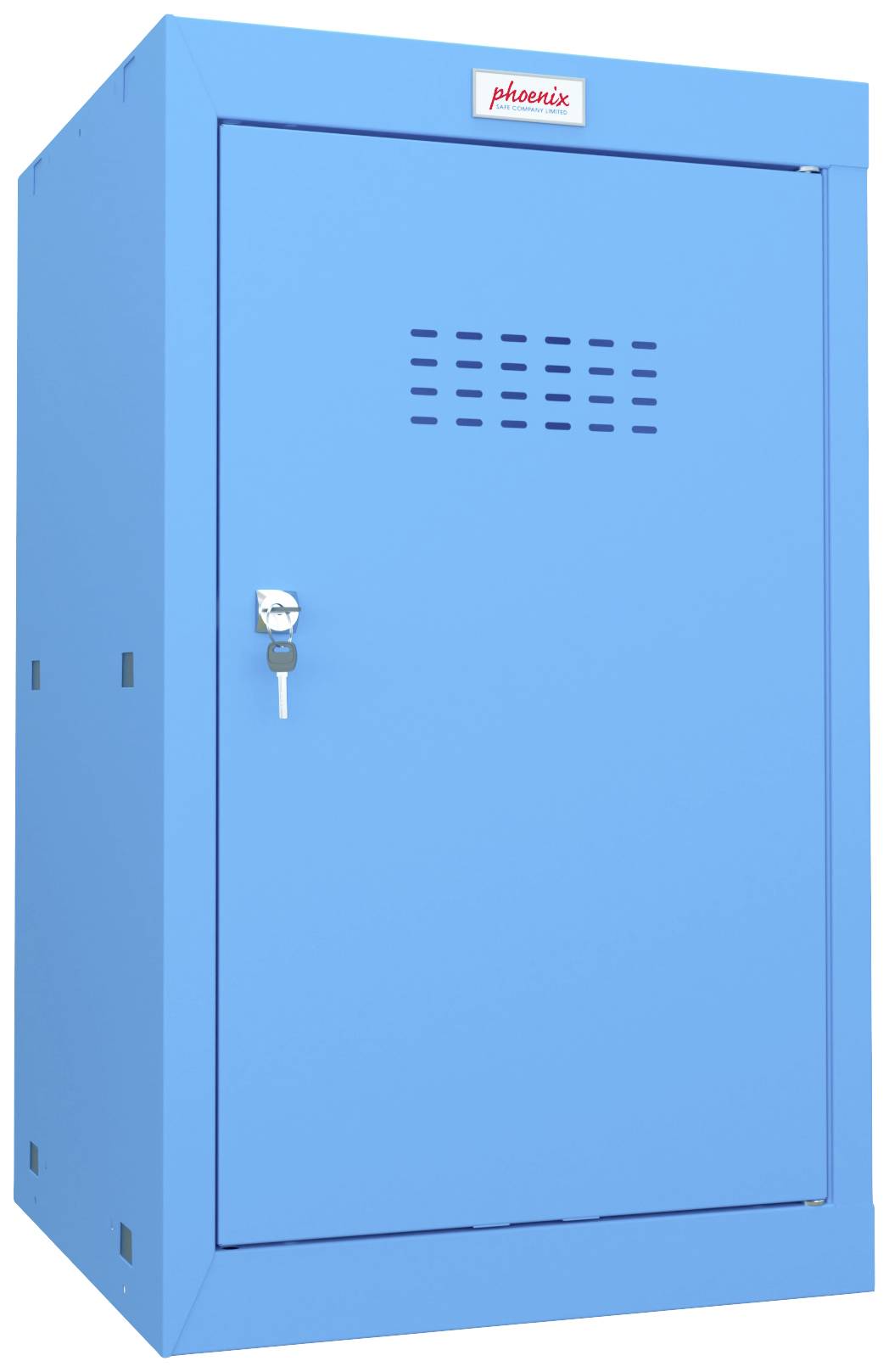 Un armadietto metallico blu con ventilazione e serratura, idoneo per un deposito sicuro. In alto è presente un'etichetta con la scritta 'Phoenix'.