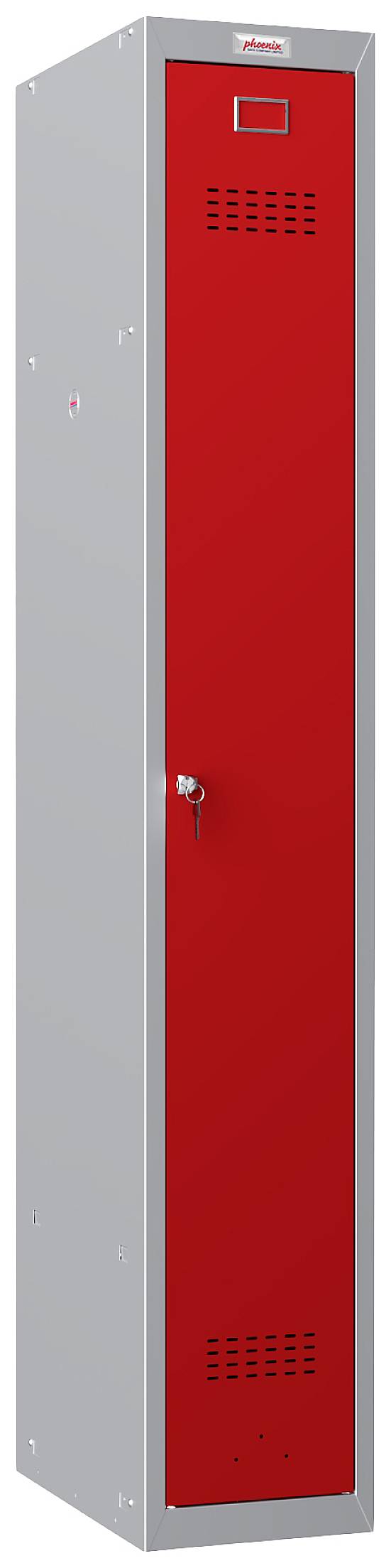 Armadietto metallico grigio con porta rossa e feritoie di aerazione, dotato di serratura. Ideale per riporre oggetti personali.