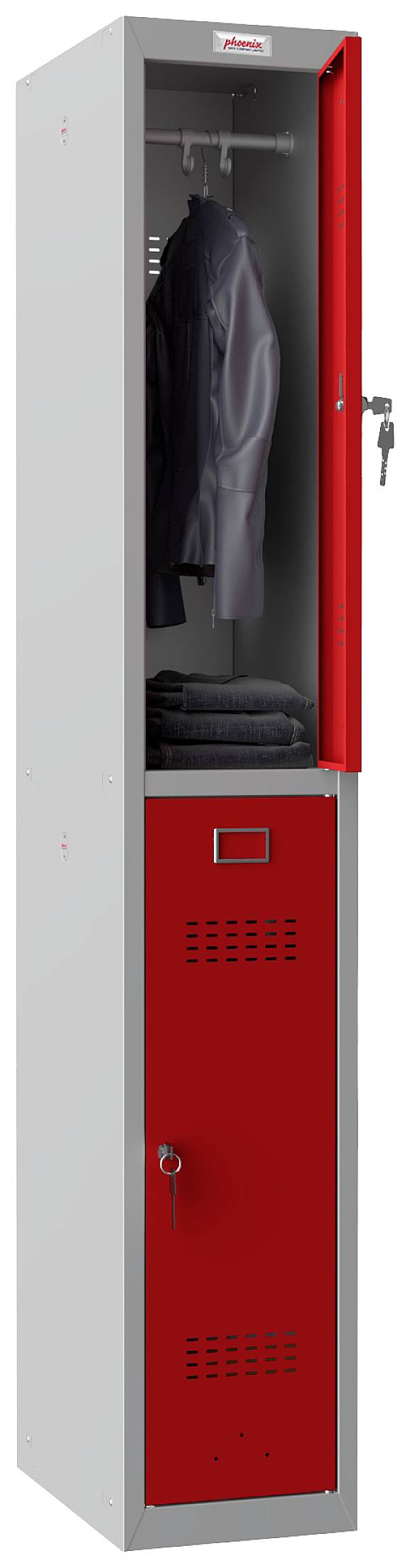 Un armadietto grigio con un cassetto rosso aperto. All'interno c'è una giacca e alcuni capi di abbigliamento piegati. Sotto, un altro cassetto chiuso.