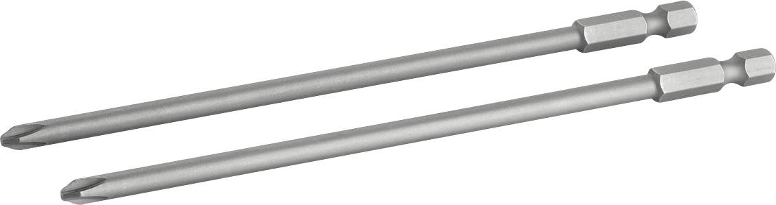 Due pezzi di cacciavite in metallo con asticelle esagonali e punte Phillips, mostrati diagonalmente su uno sfondo bianco.