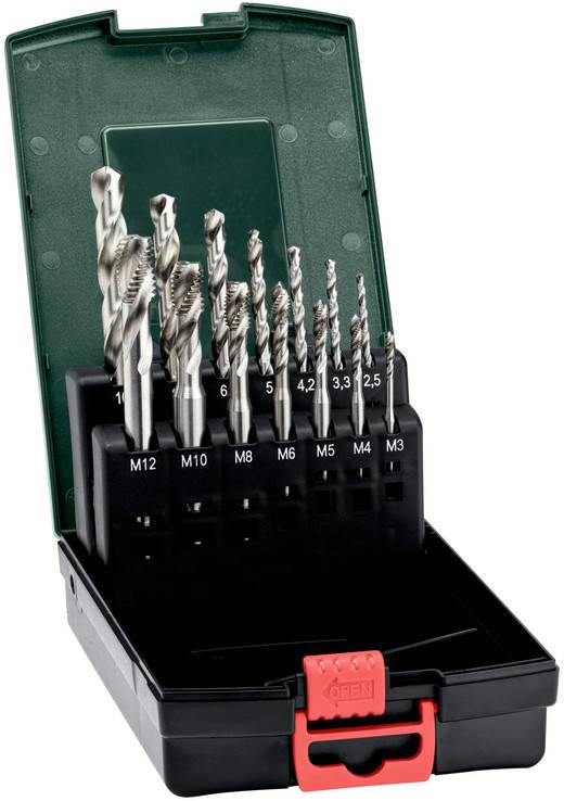 Custodia in plastica per set di punte da trapano con multiple punte in metallo etichettate da M12 a M3 e fermo rosso, aperta su sfondo bianco.