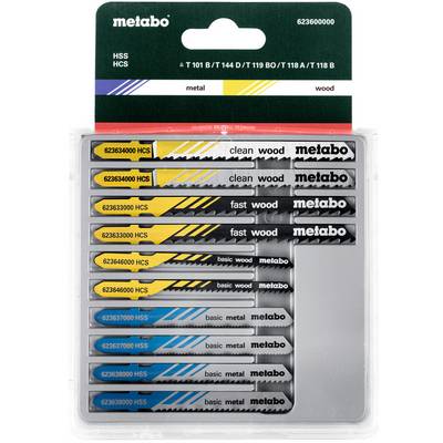 Set di lame per seghetto alternativo Metabo in confezione di plastica, etichettato per il taglio di metalli e legno, con multiple lame "legno pulito", "legno veloce" e "metallo base".