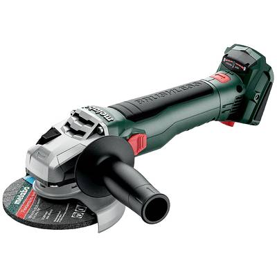 Smerigliatrice angolare a batteria con logo Metabo, custodia e disco nei colori verde e nero, adatta per levigare e tagliare.
