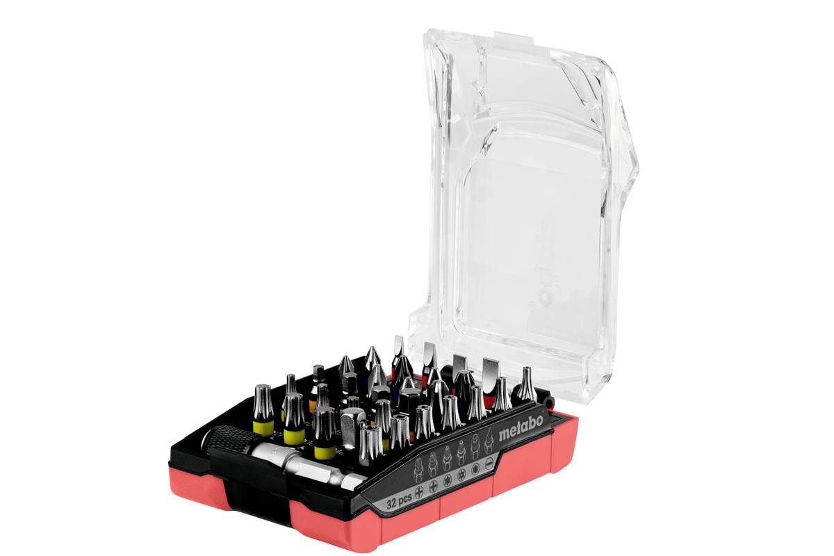 Set di 32 inserti per avvitatore in un contenitore trasparente in plastica, parzialmente contrassegnati con colori diversi, marchio 'metabo'.