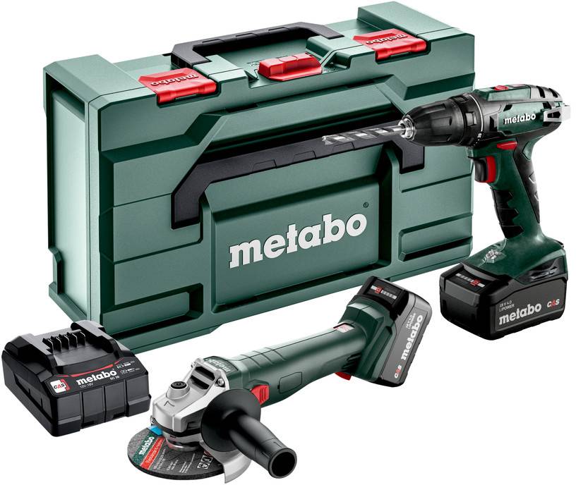 Kit di utensili Metabo senza fili con custodia di trasporto verde, trapano, smerigliatrice angolare e caricabatterie su sfondo bianco.