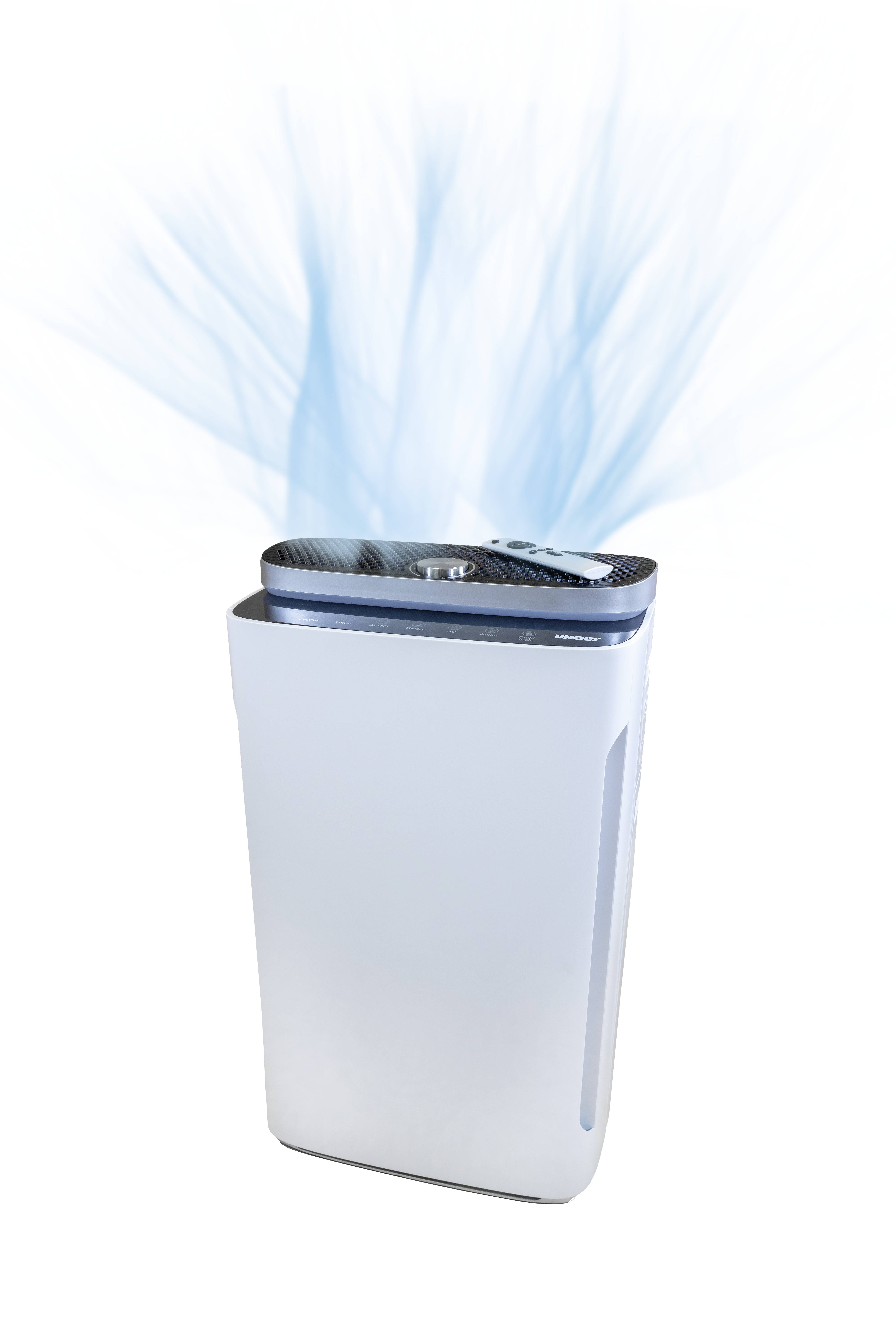 Purificatore d'aria dal design moderno diffonde aria pulita; mostra flussi d'aria blu che fuoriescono dalla parte superiore.