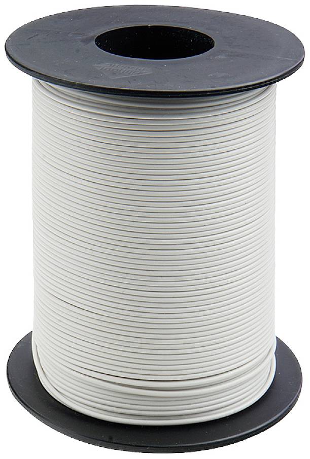 Rotolo di cavo bianco posto verticalmente su una bobina nera.