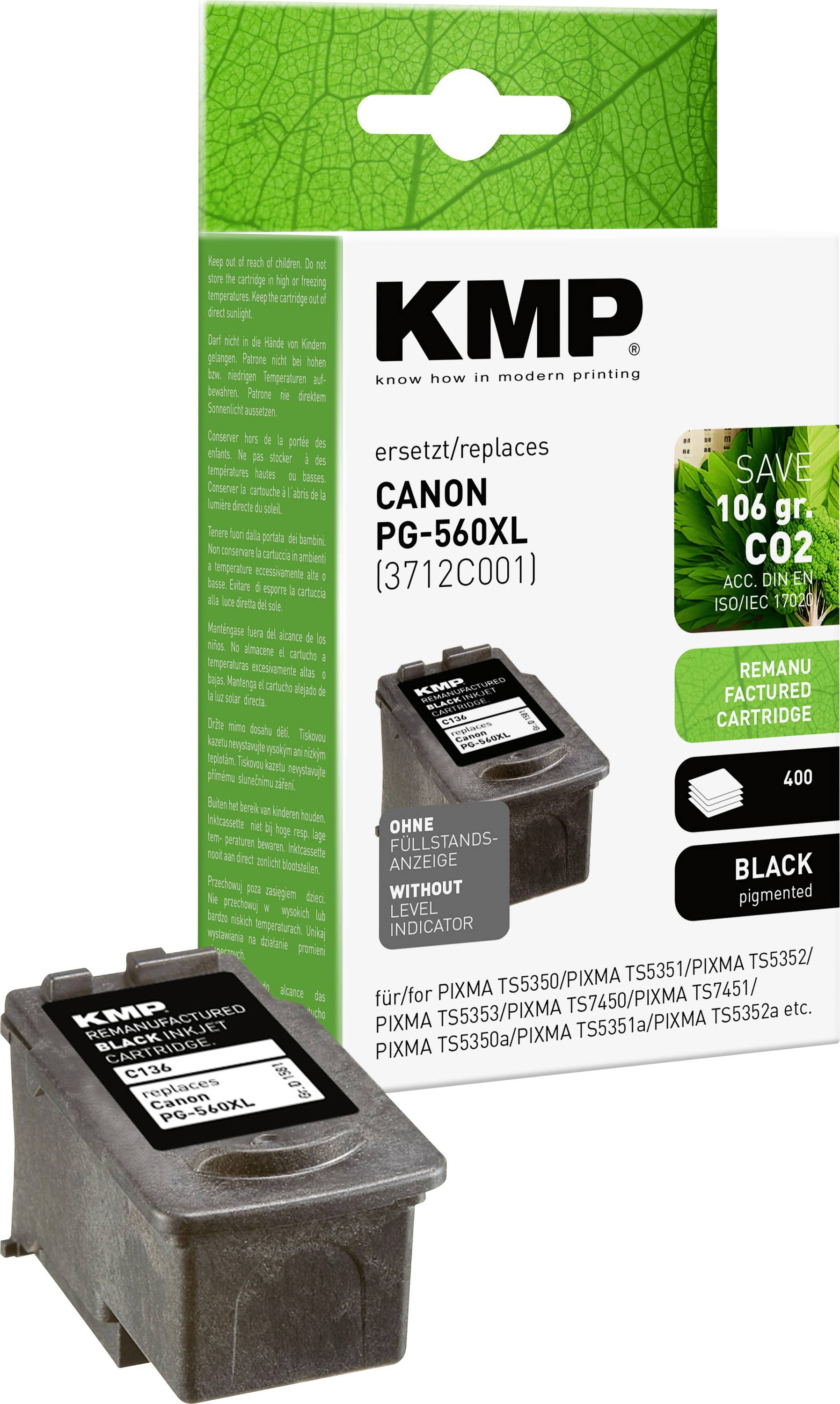 Scatola della cartuccia d'inchiostro con marchio "KMP", compatibile con Canon PG-560XL. Evidenzia un design ecologico che consente un risparmio di 106 grammi di CO2.