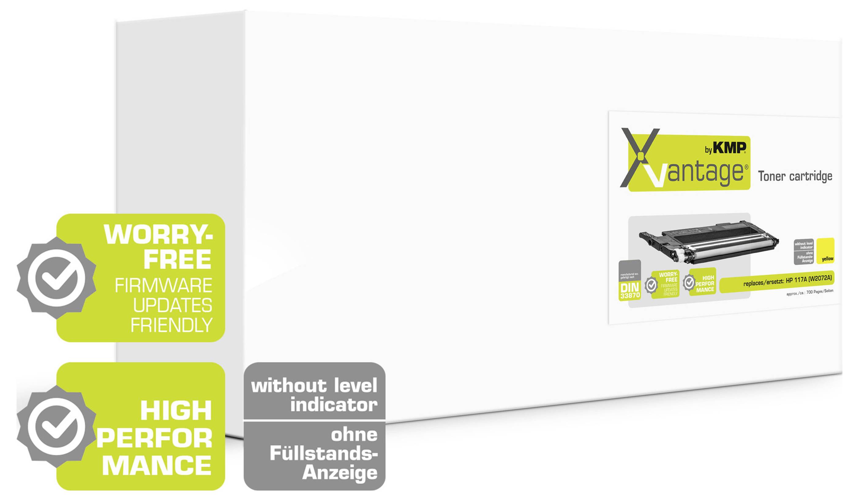 Scatola del prodotto per cartuccia toner KMP Xantage, evidenziando 'aggiornamenti firmware senza preoccupazioni' e 'prestazioni elevate'; venduto senza indicatore di livello.