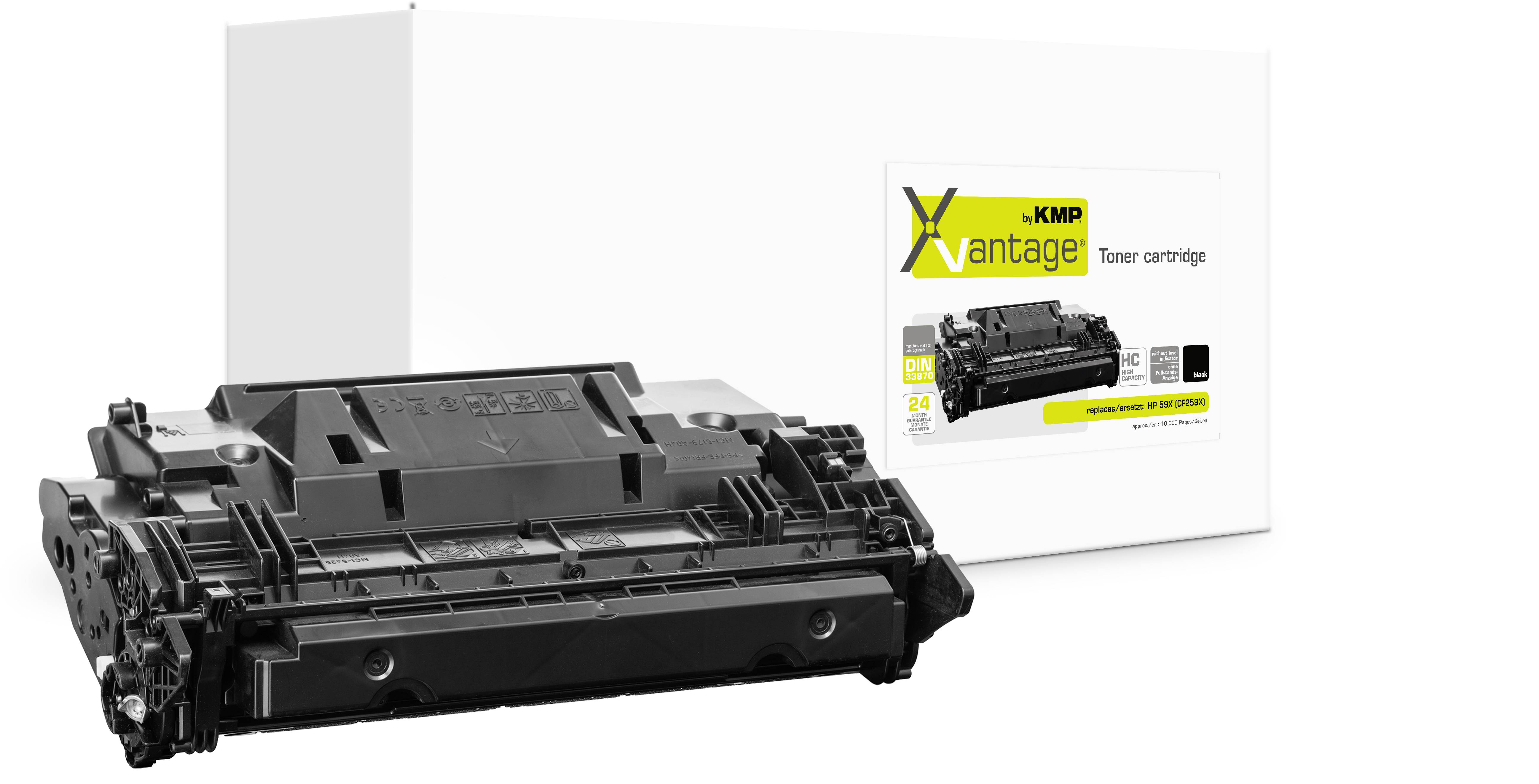 Cartuccia di toner nero in primo piano con la sua confezione di prodotto etichettata 'KMP Vantage' dietro di essa su uno sfondo bianco.