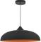 Lampadario nero con interno arancione e asta allungata in argento per il fissaggio al soffitto.