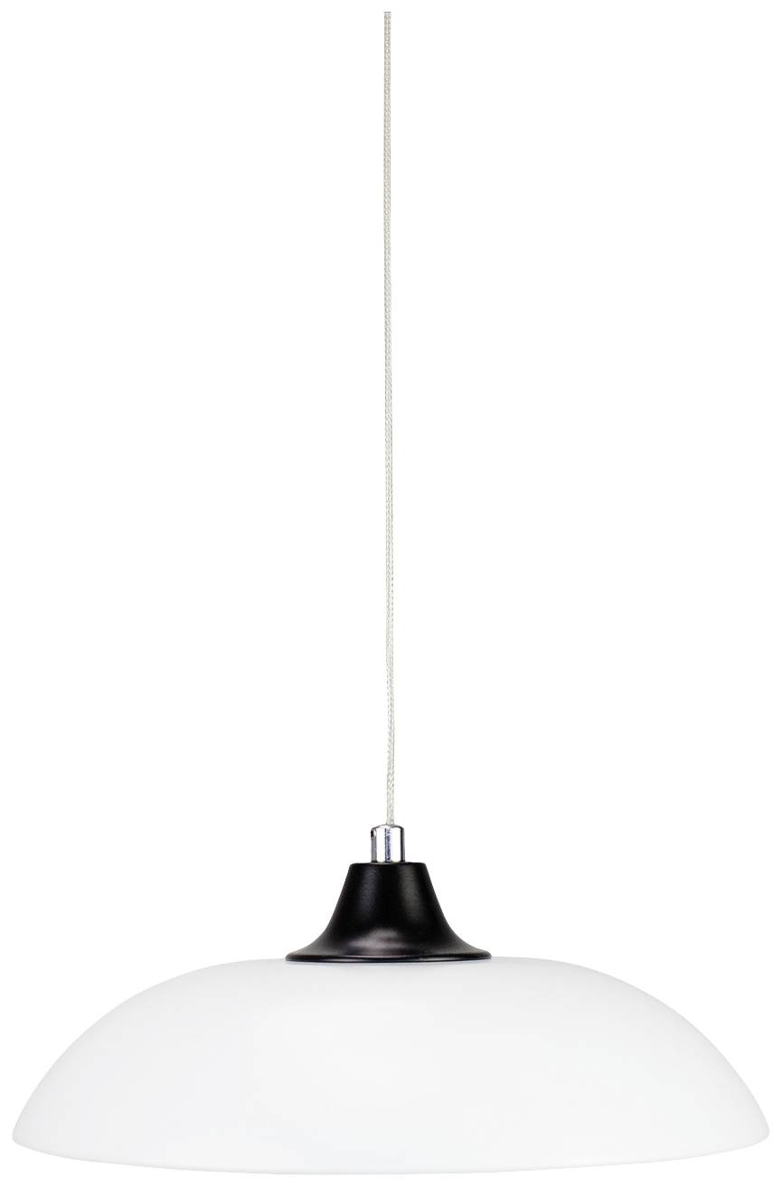 Lampada a sospensione bianca con base e cavo neri. Lampadario per interni.