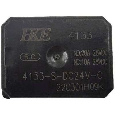 Relè HKE nero con iscrizione: '4133', 'NO:20A 28VDC', 'NC:10A 28VDC', '4133-S-DC24V-C', '22C301H09K'.
