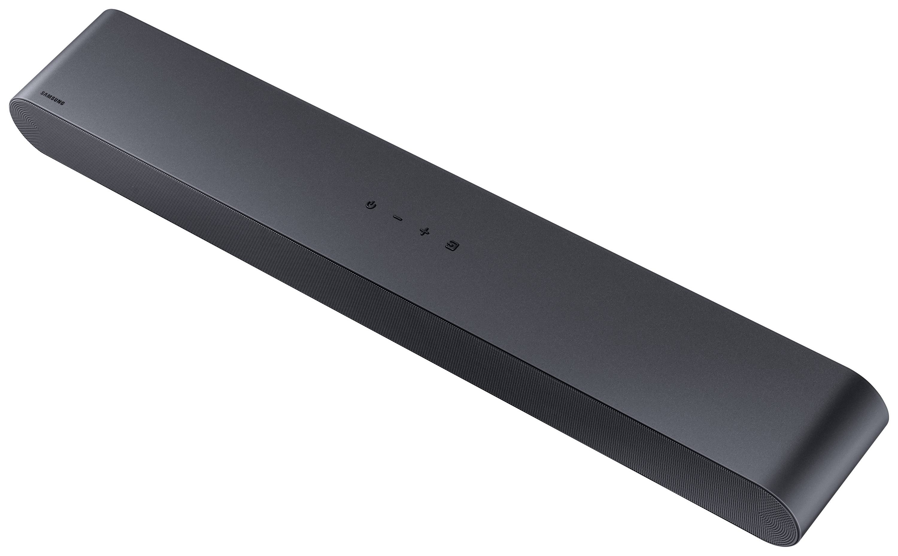 Una soundbar nera dal design minimale con tasti di controllo sulla parte superiore. Ideale per migliorare l'audio del televisore.