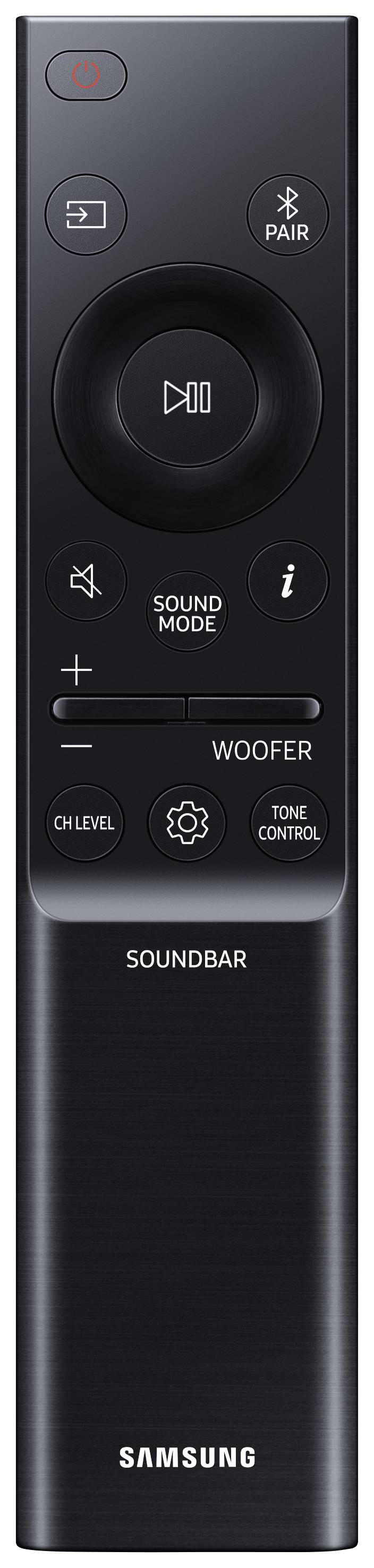 Telecomando nero per Soundbar Samsung con tasti per volume, modalità audio e sincronizzazione.