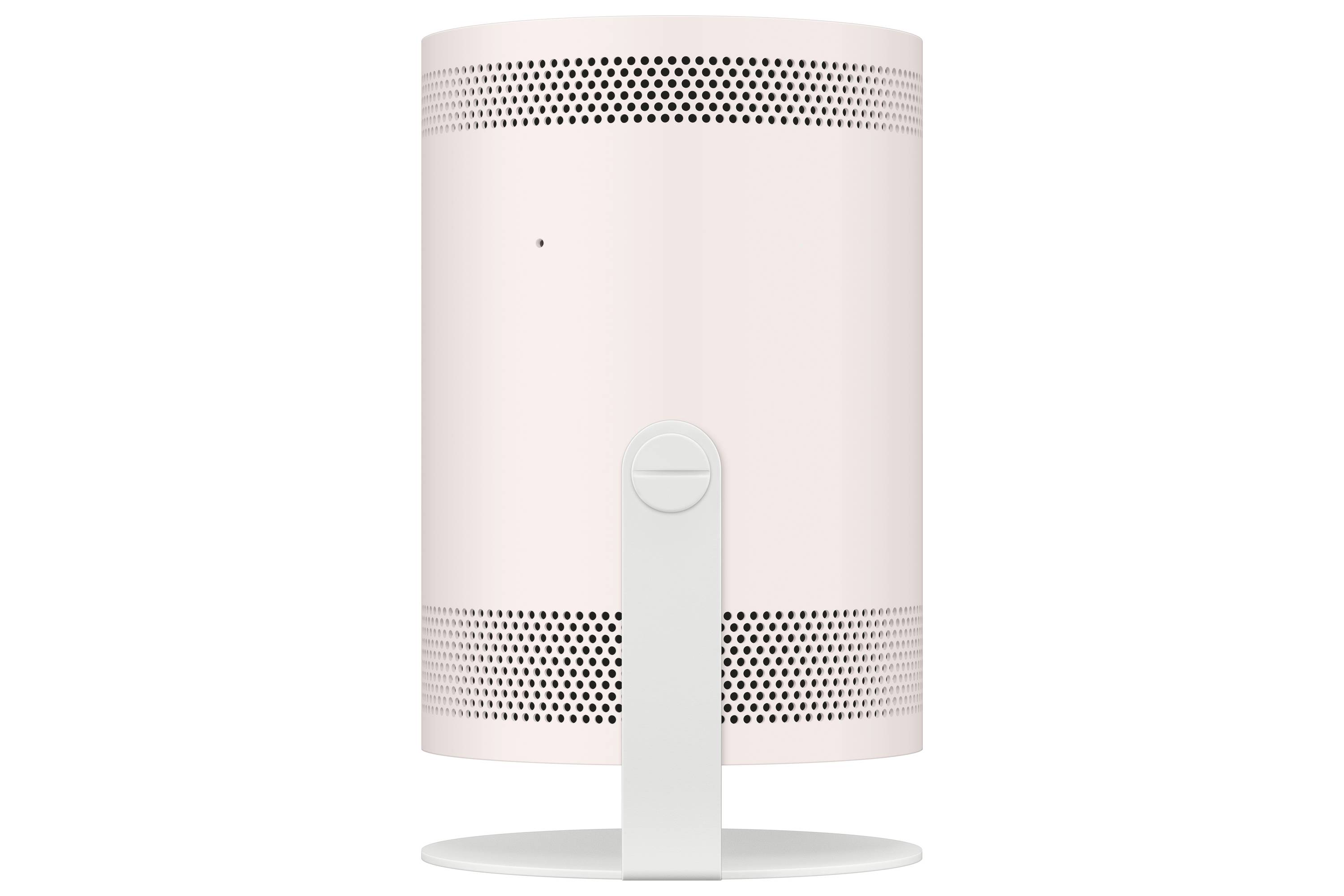 Un altoparlante cilindrico rosa con un supporto bianco, raffigurato su sfondo bianco.
