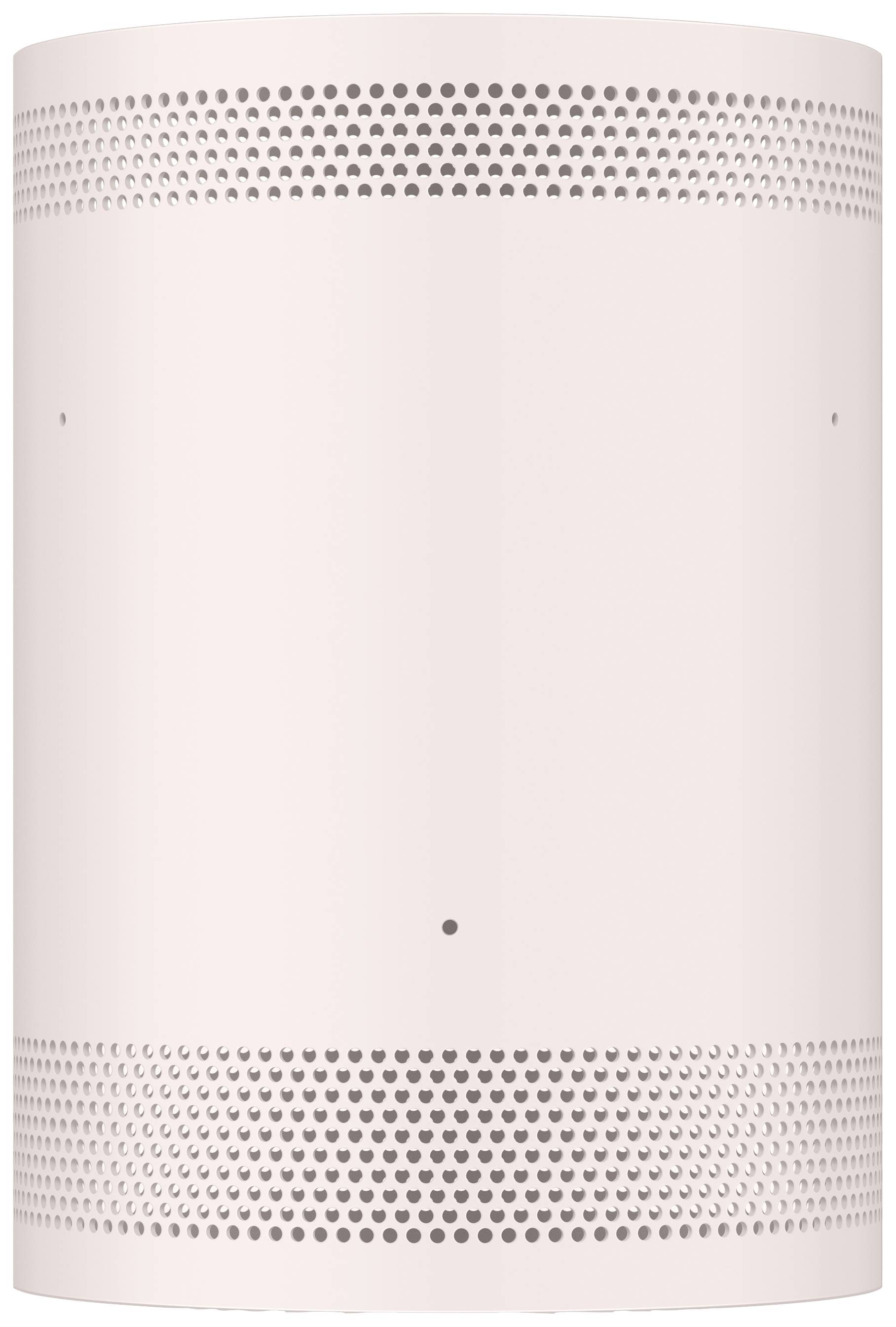 Un altoparlante cilindrico rosa con un design forato sulla parte superiore e inferiore è posto davanti a uno sfondo bianco.