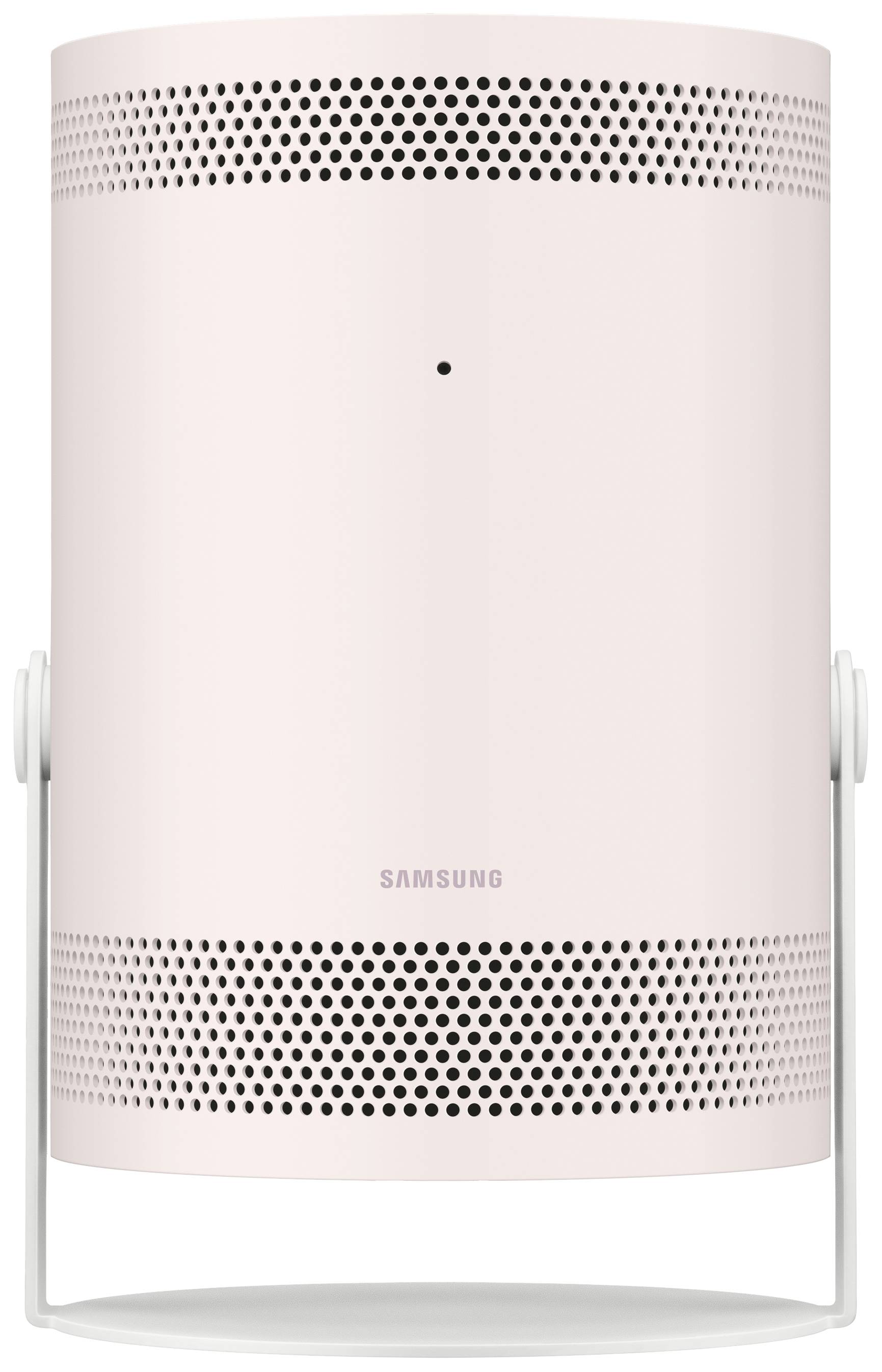 Un proiettore cilindrico rosa Samsung con fessure di ventilazione e un piedistallo.