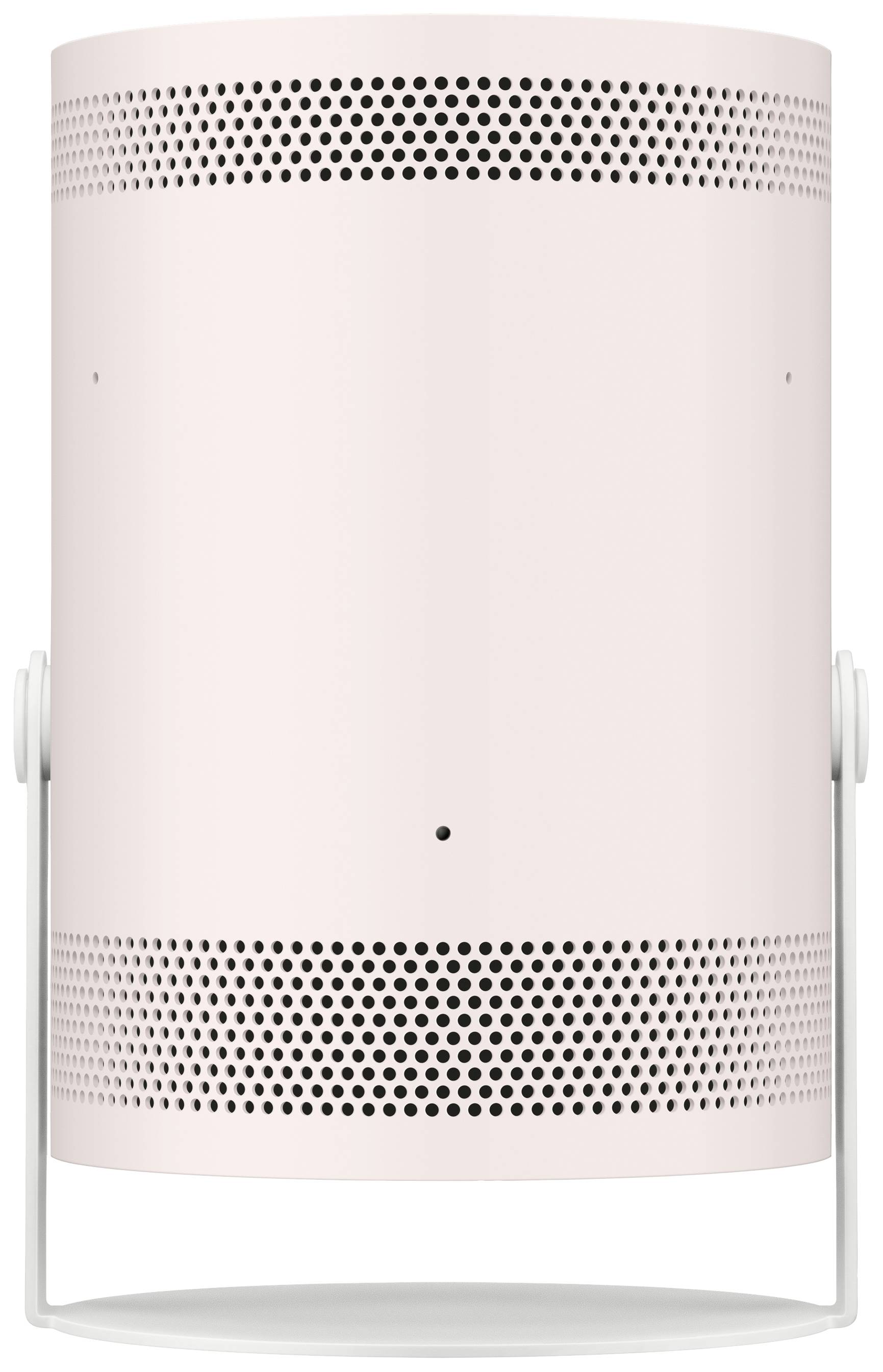 Un altoparlante cilindrico rosa con fessure di ventilazione perforate e un manico bianco per il trasporto.
