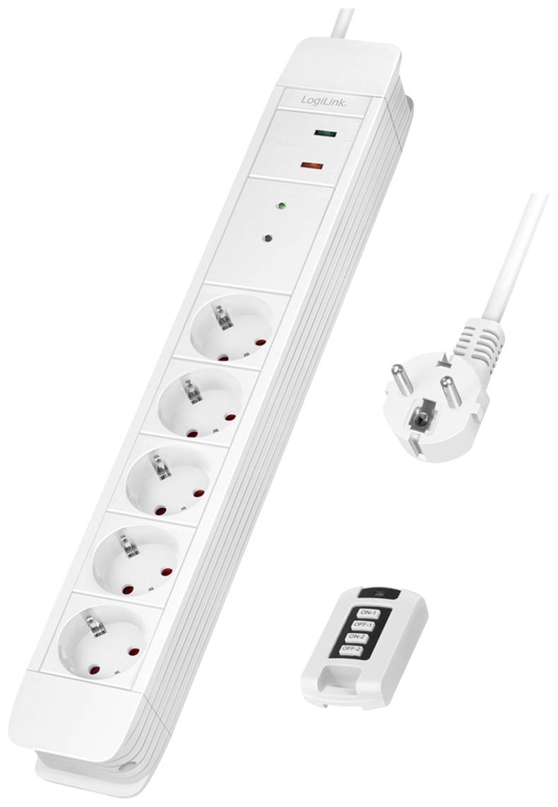 'Multipresa con sei prese e telecomando, adatta per apparecchi elettrici. Design bianco con protezione integrata.'