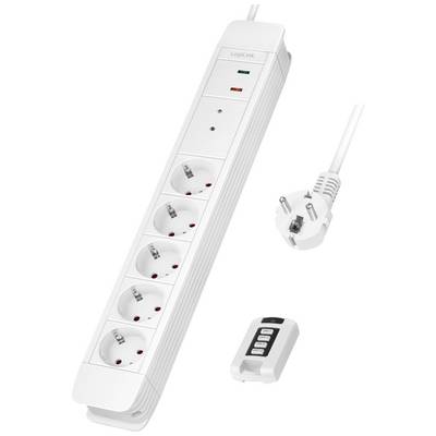 'Multipresa con sei prese e telecomando, adatta per apparecchi elettrici. Design bianco con protezione integrata.'