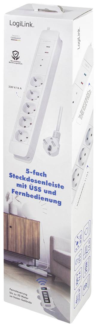 'LogiLink Multipresa a 5 prese con protezione da sovratensione e telecomando. Adatta per TV, audio e altro. Lunghezza del cavo 1,4 m.'