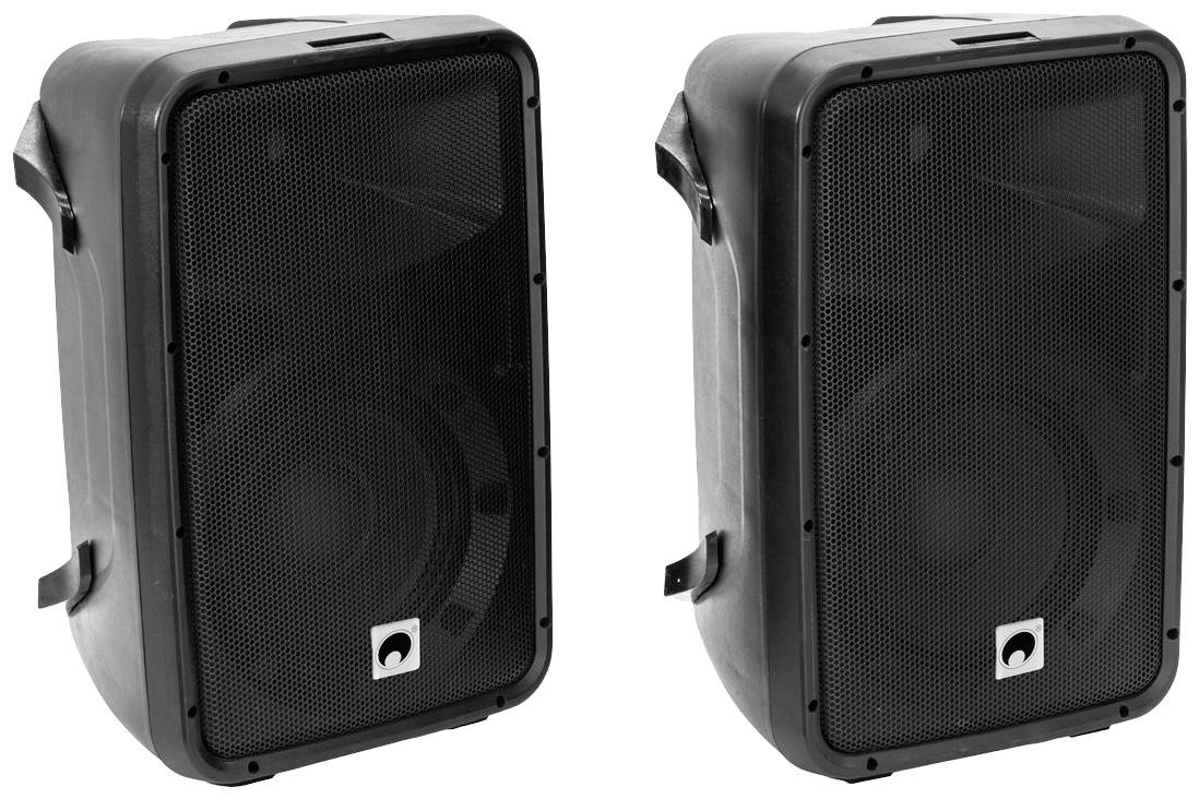 Due altoparlanti portatili neri con griglie metalliche e manico laterale per un trasporto agevole. Ideali per impianti audio musicali o per eventi.