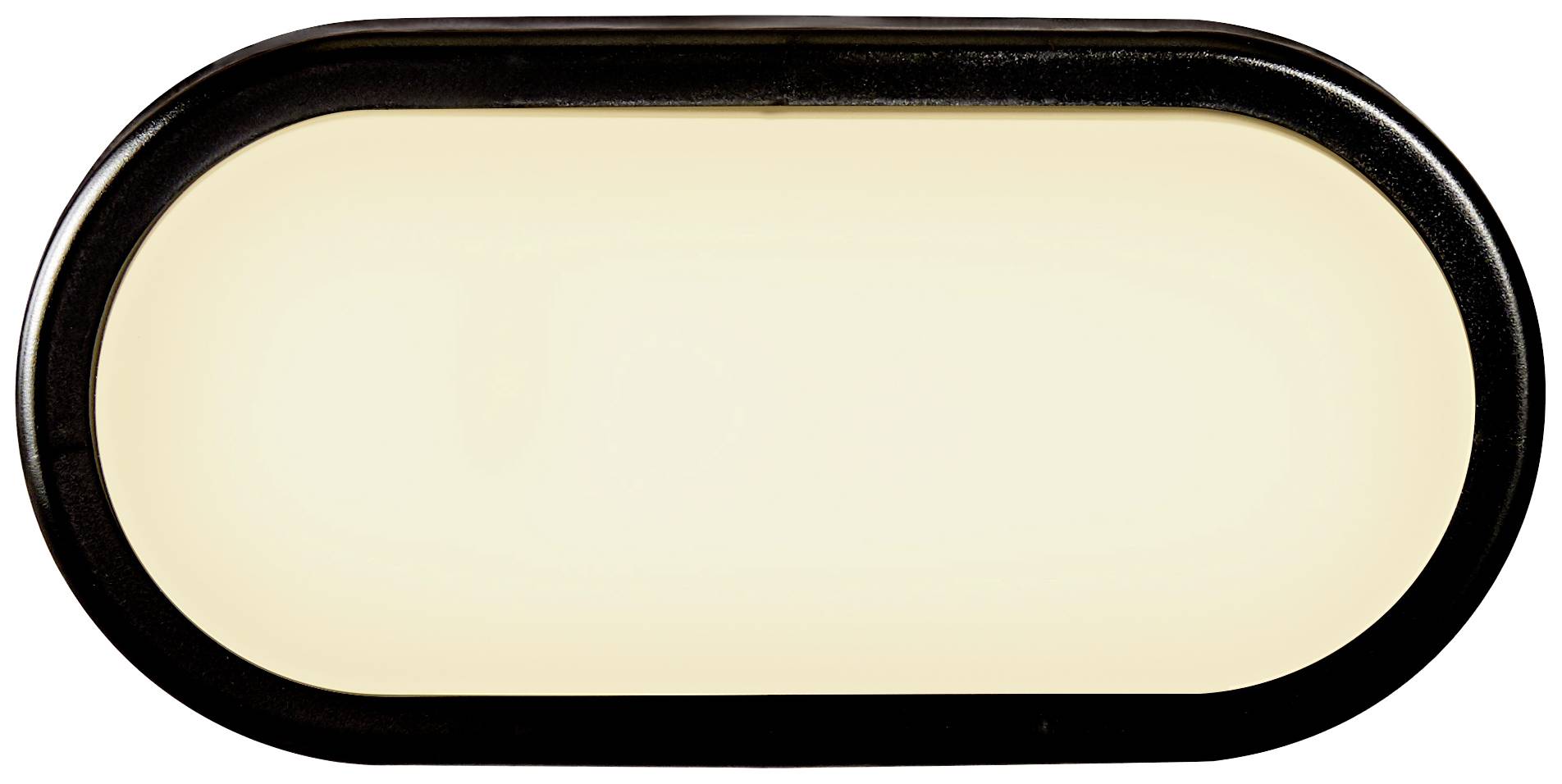Un'illuminazione LED ovale, bianca e luminosa con cornice nera, utilizzabile per illuminazione interna o esterna.