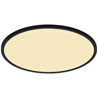 Una plafoniera LED rotonda con cornice nera e luce bianca calda. Adatta per design d'interni moderno ed efficienza energetica.