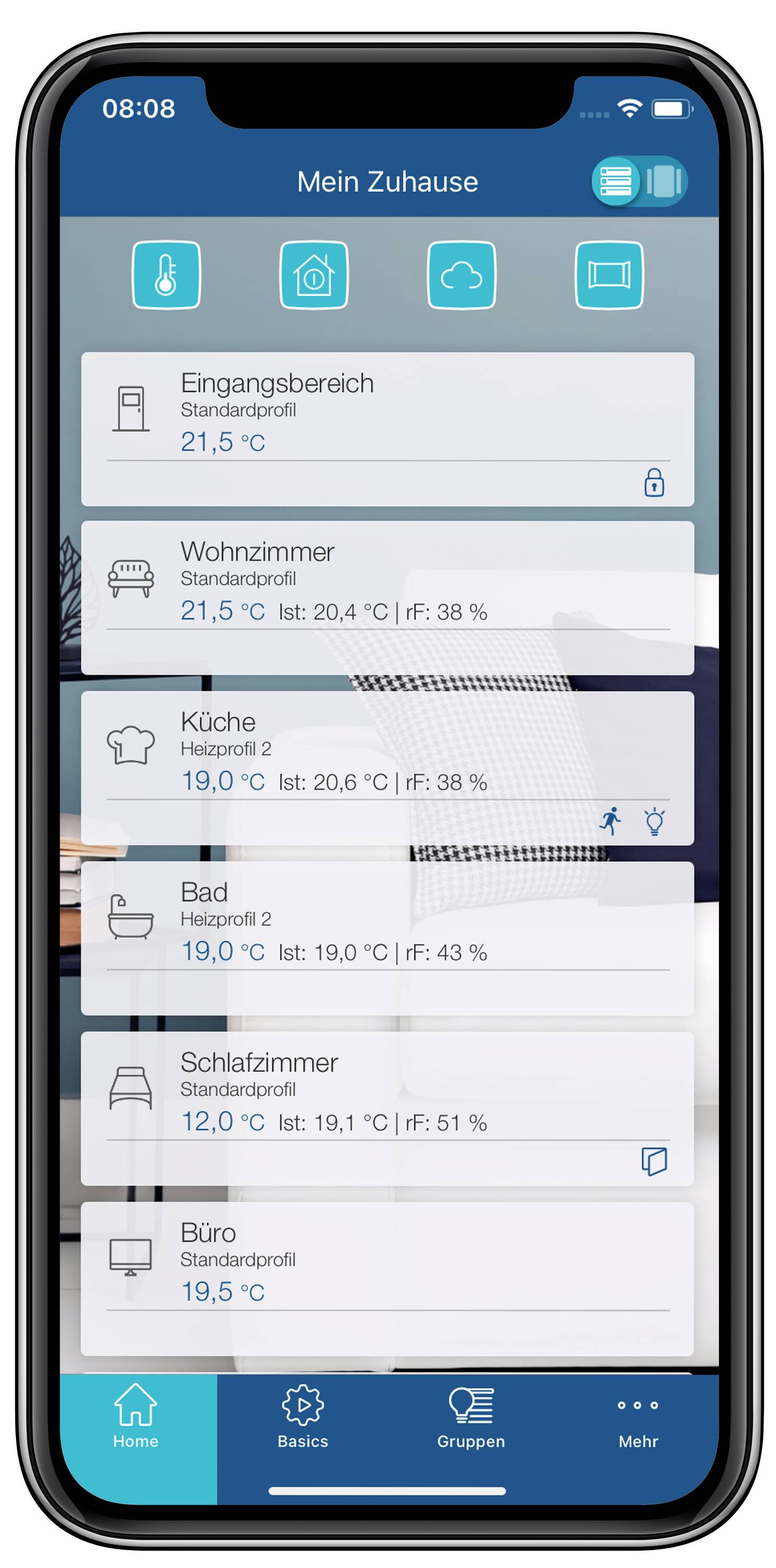 Smartphone mostra un'app per il controllo delle temperature degli ambienti. Locali: ingresso, soggiorno, cucina, bagno, camera da letto, ufficio. Temperature e profili sono indicati per ogni singolo ambiente.