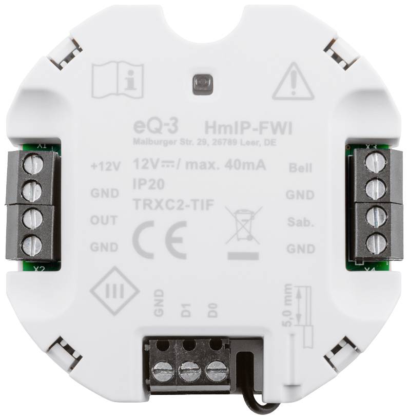 Modulo elettronico circolare con etichetta 'eQ-3 HmIP-FWI', che mostra i morsetti di connessione per tensioni e configurazione degli interruttori.