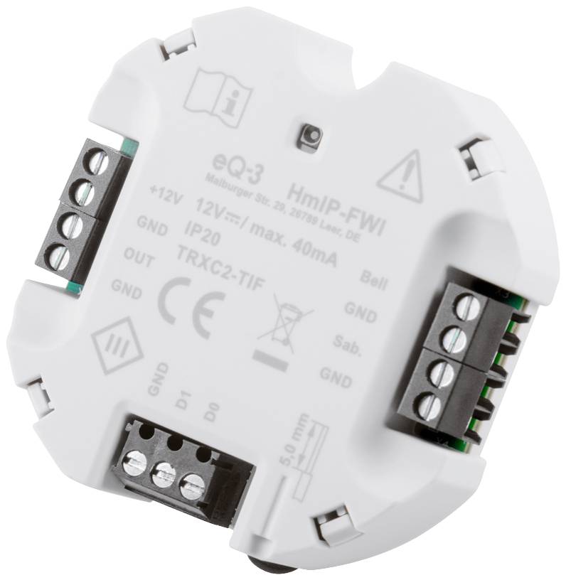 Un dispositivo di commutazione intelligente eQ-3 con morsetti di connessione, adatto per applicazioni a 12V, racchiuso in un involucro bianco compatto.