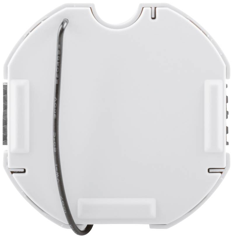 Un dispositivo elettronico bianco e rotondo con un cavo nero. Ha diversi connettori sui lati.