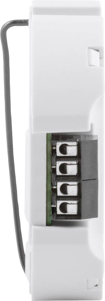 Un modulo elettrico bianco in prospettiva laterale, con diversi morsetti di connessione e un cavo nero a sinistra.
