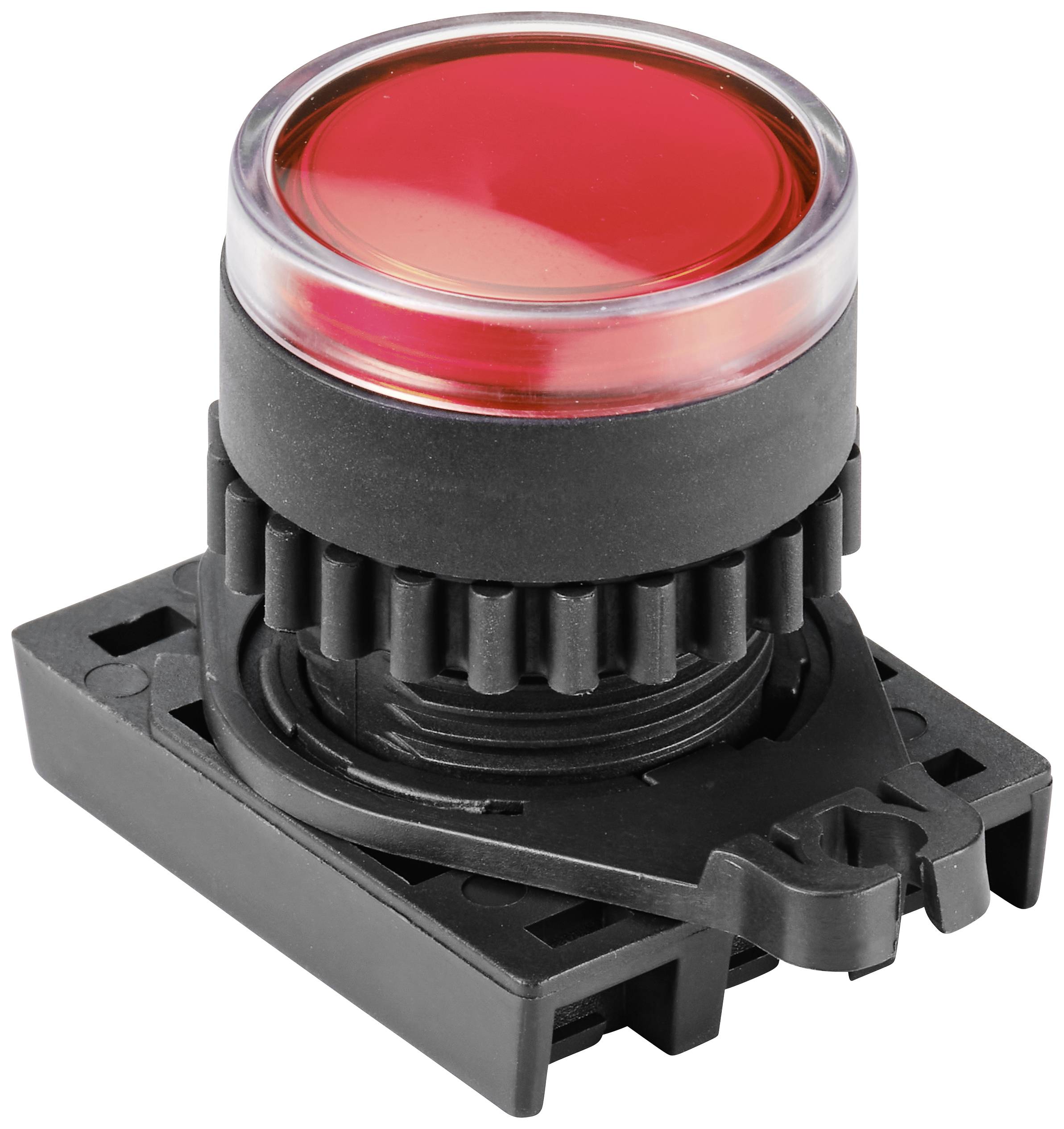 Un pulsante rosso con involucro nero, montato su una base quadrata.