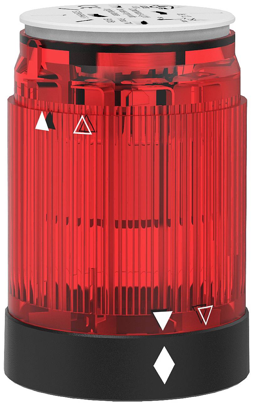 Luce di avvertimento rossa con base nera, contiene simboli bianchi.