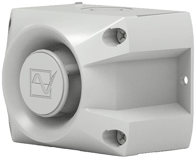 Blocco metallico grigio con incavo circolare e simbolo che rappresenta un'onda. Presenta quattro fori di fissaggio agli angoli.