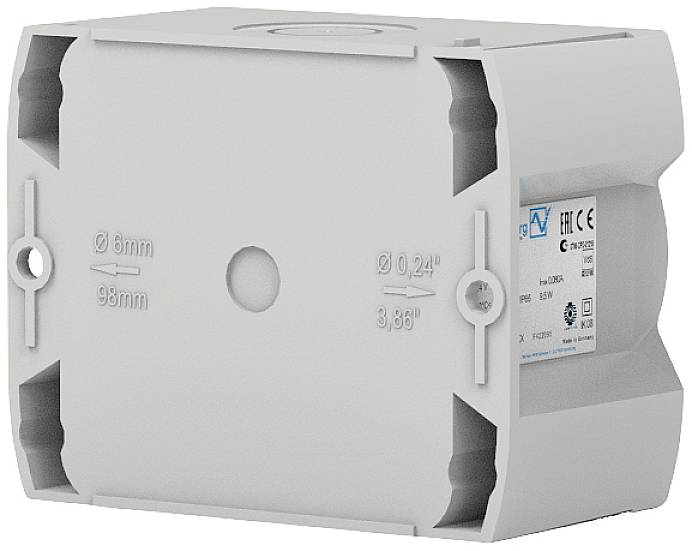 Un dispositivo tecnico rettangolare grigio con marcature '6mm', '98mm', '0,24"' e '3,88"'. Sul lato destro è incollata un'etichetta con informazioni tecniche.