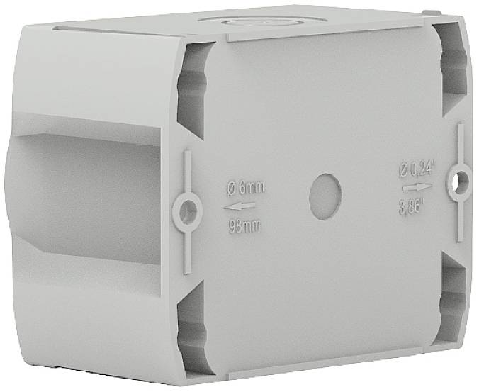 Contenitore grigio in plastica a forma cilindrica, con diversi incavi, etichette 'Ø 6mm, 98mm' e 'Ø 0,24", 3,86"'.