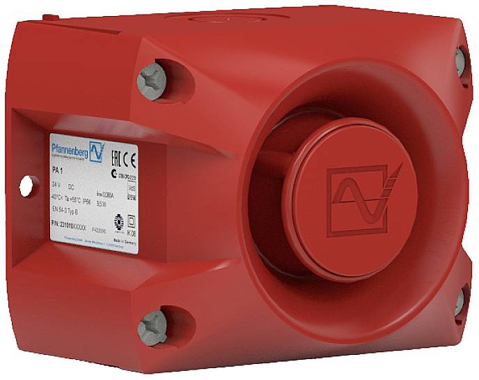 Custodia protettiva rossa con un logo e un'etichetta tecnica sul lato frontale, design solido e industriale.