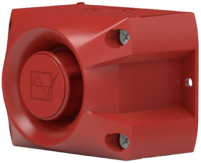 Unità di ventilazione rossa con alloggiamento quadrato e montaggio a vite, che mostra un logo a forma di onda sulla parte frontale.